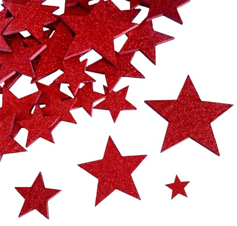 50 Stück Holzsterne Streudeko Weihnachten Glitzer Sterne Deko 4 Größen Rot Kleine Holzsterne zum Basteln Weihnachts Streudeko Sterne Holz Konfetti für Weihnachtsdeko Hochzeit Geburtstag Tischdeko