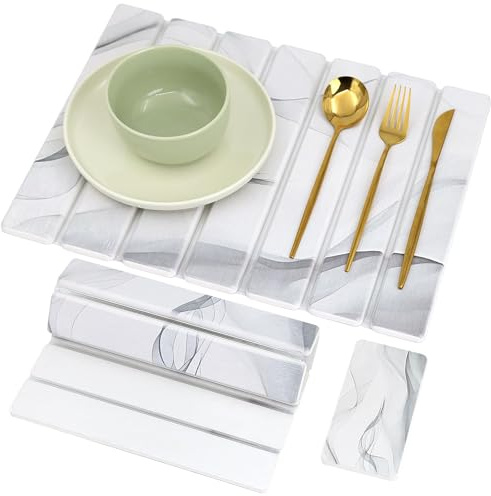 Kteeurqer Escurreplatos Diatomita cocina con Jabonera, Ondas, 40 x 30 cm | Kieselgur-Material, extrem saugfähig, trocknet schnell, mit rutschfester Netzunterlage – stabil und rutschfest