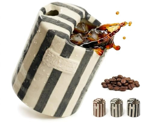 Keramik Kaffeebecher ohne Henkel 300ml,Steingut Tasse mit Streifen(Schwarz) | Kaffeebecher Porzellan für Matcha, Kaffee & Tee, Vintage Trinkbecher, Kaffeetasse, handbemalter Becher, Spülmaschinenfest
