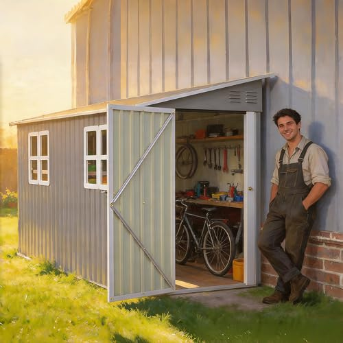 Capanno in metallo 6 x 8 piedi – Casetta attrezzi 4,5 m² spazio con doppia ante e pavimento, resistente alle intemperie come garage per 4-6 biciclette, attrezzi da giardino e moto, capanno in acciaio