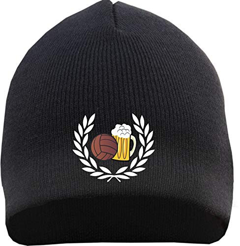 HB_Druck Lorbeerkranz Fussball Bier Beanie Mütze - Bestickt - Strickmütze Wintermütze Einheitsgröße Schwarz
