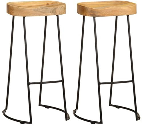 vidaXL Industrial-Style Bar Stools - Solid Mango Wood Seats with Iron Frame Construction - Set of 2 - Brown and Black