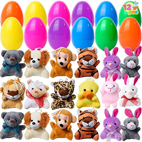 JOYIN 12 Pcs Prefilled Easter Eggs of Mini Stuffed Animal Plush Toys Basket Stuffer for Kids Easter Egg Hunt Filler and Party Favors, Classroom Prize Supplies