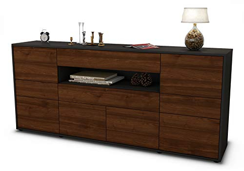 Stil.Zeit Sideboard Emerelda, Korpus anthrazit matt, Front Holz-Design Walnuss (180x79x35cm) Push-to-Open Technik & Leichtlaufschienen