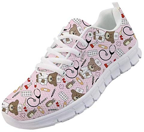 chaqlin Baskets Mignon Infirmière Chaussures Rose Femmes Hommes Sneaker de Bande Dessinée Ours Docteur Motif À Lacets Sport Chaussures Respirant Chaussures De Course Cadeaux Eu39