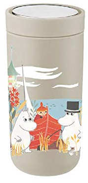Stelton To-Go Click - Thermobecher, doppelwandige Isolierflasche - Rostfreier, auslaufsicherer Kaffeebecher/Teebecher mit Smart-Click-Deckel - Heiße & kalte Getränke, 0.4 L, Soft Sand Moomin