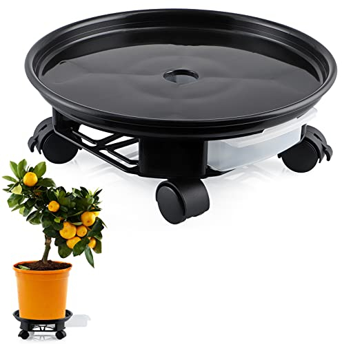 Skelang Blumentopfhalter mit Rollen, 33cm pflanzenroller Kunststoff rund, pflanzenwagen mit wasserbehälter für Garten, terrasse, Hof, terrasse, Wohnzimmer, 30kg tragkraft, schwarz