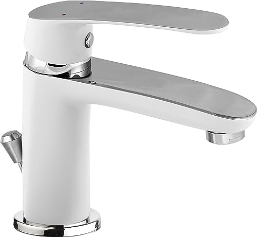 Cornat Waschtisch-Einhebelarmatur Lucena - Hochwertiger Messingkörper - weiß / verchromt - Mit Zug-Ablaufgarnitur / Hochdruck-Armatur / Wasserhahn fürs Bad / Waschbecken-Armatur / LUCW1, Silber
