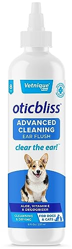 Vetnique Labs Oticbliss Dog Ear Cleaner Flush with Odor Control, Dog Ear Cleaning Solution and Itch Relief Reduces Head Shaking for Dogs & Cats - Clear The Ear 8oz Ear Cleaner for Dogs