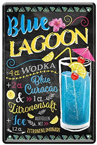 Blue Lagoon Cocktail Rezept Blechschild - Retro Deko Schild - Metallschild zur Dekoration von Küche Beach Bar Pub Kellerbar Lounge Kneipe - Anleitung zum Cocktail Longdrink Mixen - 20x30cm