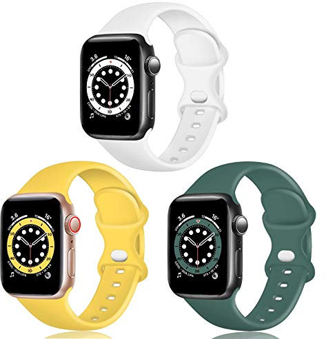 TopPerfekt Correa de silicona compatible con Apple Watch Correa de 38 40 42 44 mm, correas de repuesto de silicona para iWatch Series 6 5 4 3 2 1 SE (38/40mm-M/L, Blanco/Amarillo/Verde Oliva)