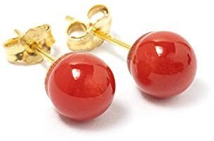 Ohrringe aus 18 Karat Gold und echter Koralle aus dem Mittelmeer (sardische Koralle) gepunktet - Kugel 5,5-6 mm, PICCOLO, Corallium Rubrum, Koralle