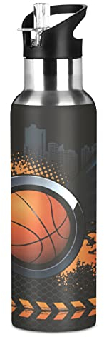 Mnsruu ala De Ángel De Baloncesto Botella de Agua Deportes con Pajita, Botellas Termica Acero Inoxidable 600ML Sin BPA para Niños Deportiva Gimnasio Ciclismo Escuela