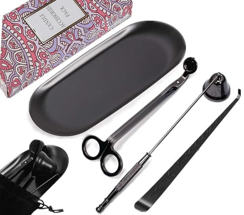 VISIKOM 4 in 1 Candle Wick Trimmer Set Black Candle Accessory Set with Tray Candle Care kit Candle Snuffer Set Candle Wick Cutter Gift for Candle Lover Thanksgiving Christmas Housewarming Gifts