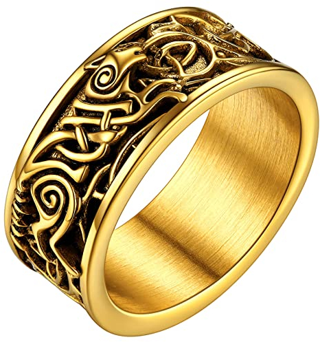 FaithHeart gold Ring für Herren Männer Punk Viking Fingerring Wolf Ring mit Keltischer Knot Symbol für Valentinstag Weihnachten Geburtstag
