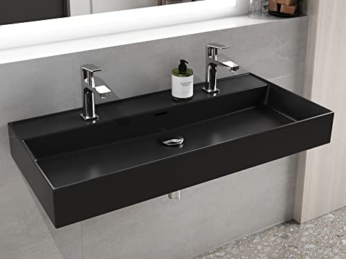 Aqua Bagno | Doppelwaschbecken in Schwarz-matt, Keramik Doppelwaschtisch, eckiges Aufsatzwaschbecken | 101 x 46 cm