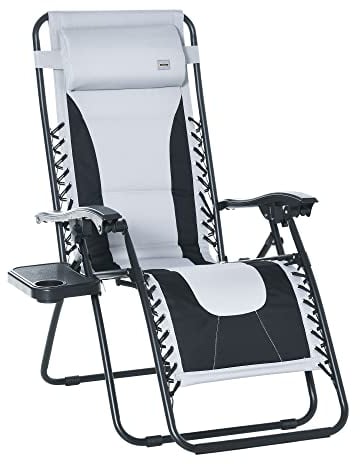 Outsunny Zero Gravity Lounger Chair, Folding Reclining Patio Chair with Padded Seat, Cup Holder, Soft Cushion and Headrest for Poolside, Camping, Light Grey