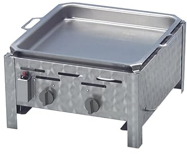 BSR-Grillen Profi Gasgrill 2-flammig mit Edelstahl-Pfanne hoher Rand | Edelstahl Gastrogrill | Gasbräter | Gastrobräter | Piezo-Zünder 2 Gasbrenner stufenlos regelbar Gasschlauch Druckminderer