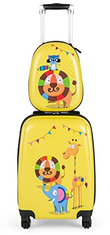 COSTWAY Lot de 2 Valise Cabine Enfant 18”+ Sac à Dos 12,5”, Bagages Enfant avec Poignée Rétractable 88-100cm, Valise à Main en ABS Étanche pour Voyage Vol École (Lion)