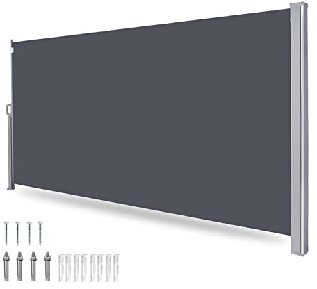 Randaco Seitenmarkise 140 x 300 cm Grau Markise mit Bodenhalterung Ausziehbar einziehbarer für Balkon, Garten, Terrasse, Windschutz, Sonnenschutz, Wasserdicht, Reißfestigkeit Gartensichtschutz