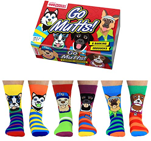 United Oddsocks Go Mutts Gift Box, 6 Barking Oddsocks for Men, UK 6-11 EUR 39-46 US 7-12, Colourful Dog-Themed Novelty Socks Gift Box, Cotton Rich Crew Socks, Mix-and-Match Fun, Dog and Puppy Lovers