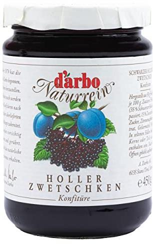 Food-United KONFITÜRE schwarzer Holunder & Zwetschge 450g Glas von DARBO Naturrein Holler-Zwetschke passend für Torten Frühstück Kuchen Füllungen Gebäck Croissant (1)