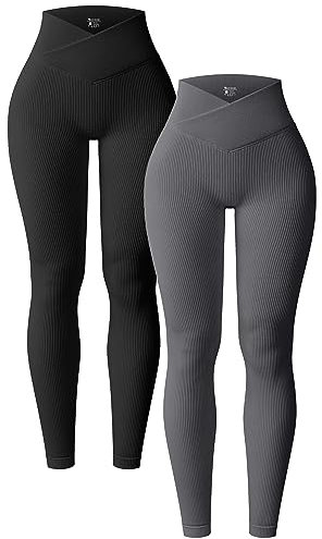 OQQ 2er Pack Damen Leggings Cross Waist High Waist Elastische Lange Yoga Sport Leggings für Damen Schwarz Dunkelgrau
