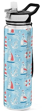 Fustylead Maritime Reise Thema 32oz BPA Frei Wasserflasche mit Strohhalm Auslaufsicher Sportflasche für Fitness Gym Camping Outdoor Sports