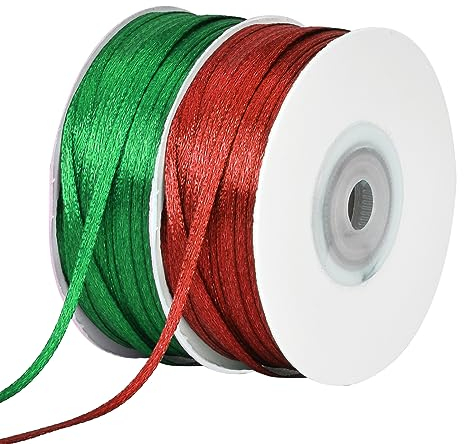 2 Stücke Satinband 3mm Grün und Rot, Weihnachtsband Geschenkband Schleifenband, 91 Meter 100 Yards Länge, Polyester Band für Hochzeit Weihnachten Erntedankfest Taufe Geburtstag Party