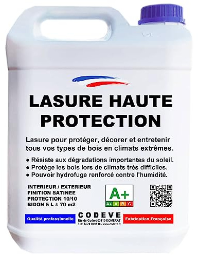 Lasure Haute Protection - Codeve Bois/Pin orégon - 5L - Intérieur/extérieur - Pour Une Protection Optimum De Vos Bois En Climat Extrême.