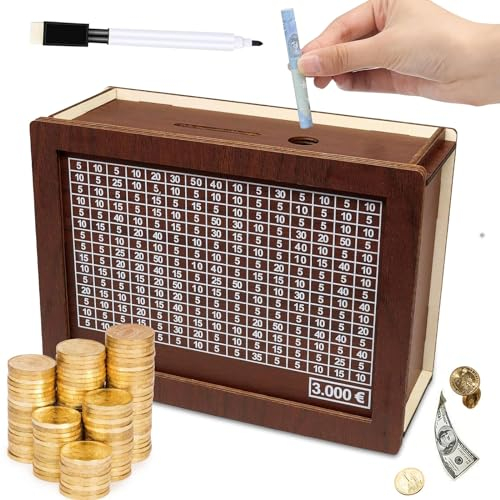 Spardose aus Holz, Sparbox mit Ziel, Sparschwein, Sparbox, Retro Sparbüchse Aufbewahrungsbox, Spardose mit Sparziel und Zahlen zum Ankreuzen, für Erwachsene und Kinder mit Sparziel(3000€)