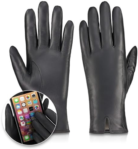 BETLEWSKI - Damen Handschuhe aus Schafsleder gefüttert - Warme Winter Lederhandschuhe für Damen in Schwarz mit Wollfutter - Winterhandschuhe für Touchscreens - Modell Chloe iTouch - S