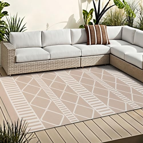 OMERA Teppich Schlafzimmer Groß In-& Outdoor Wetterfest 180X270CM Beige Waschbarer Wohnzimmer Modern Balkon Weich Rutschfest