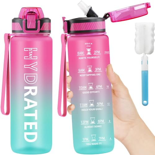 QLUR Botella Agua 750ML con Pajita, Antiderrame Deportiva, Cantimplora sin BPA con Marcador de Tiempo y Cepillo para Gimnasio, Oficina, Escuela, Yoga