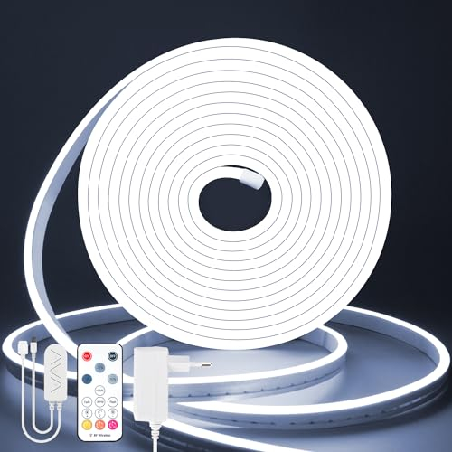 Lamomo LED Strip 5M Weiß, 12V Dimmbar Neon LED Streifen, 3000K Wasserdicht Led Leiste, Silikon DIY Flexibel Lichtleiste mit Netzteil und IR Fernbedienung für Innen Aussenbereich Heim Küche Deko