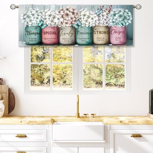 Laifzere Blaugrüner Landhaus-Vorhang, Querbehang für Fensterbehandlungen, rustikale Blume, Küche, Landhausstil, inspirierende Vorhänge für Badezimmer, Schlafzimmer, Wohnzimmer, 1 Vorhang (132 x 45 cm)