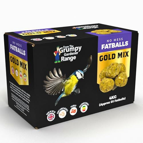 Grumpy Gardener Fat Balls - Gold Mix Wild Bird Fat Balls, Suet Balls Enriched with Beef Tallow, Hearts, Peanuts, Sunflower, Essential Bird Seed Blend, Suet Fatballs (50 pack, 4kg)