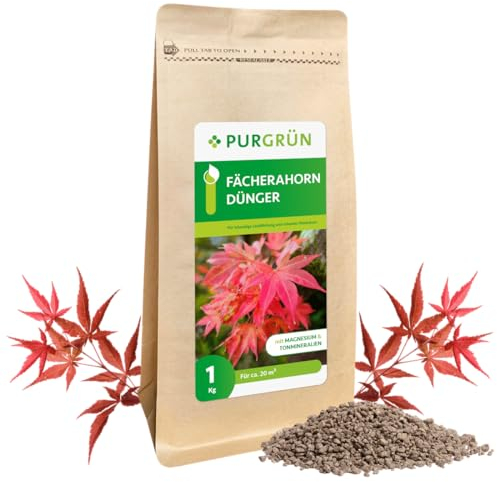 Purgrün® Fächerahorn-Dünger 1 kg – Organisch-mineralische Rezeptur – Feinkörniges Krümelgranulat – NPK 5+4+6 – Extra Magnesium für leuchtende Blätter – Verbessert die Bodenqualität