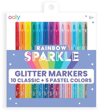 Ooly Rainbow Sparkle Glitter Markers Set of 15, Includes 5 Pastel & 10 Classic Color Markers, Glittery & Sparkling Marker for Kids, 2mm Nib for Medium Sized Lines - GLITTER VARIETY PACK