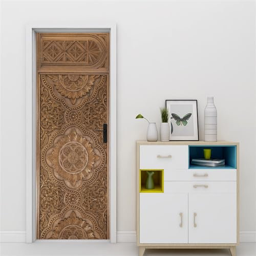 Stickers Porte Mandala Imprimé Marron Autocollants de Décoration pour Porte PVC Stickers Porte Placard Amovible Poster pour Porte Imperméable Poster Porte Auto Adhésif Autocollant Porte 77x200cm