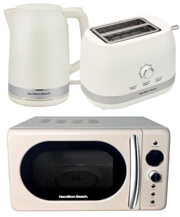 Hamilton Beach Kettle, Toaster & Microwave Set, Ella, 1.7L Electric Kettle, Wide Slot Toaster 2 Slice, Microwave, 20L Retro, Kettle & Toaster Set, Latte - ELLALB
