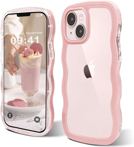 ORDA for iPhone 13 case for iPhone 14 case Cute Wave Frame Curly Shape Shockproof Hard PC Phone Cover for Women and Girls Compatible with for 6.1 inchs Pink