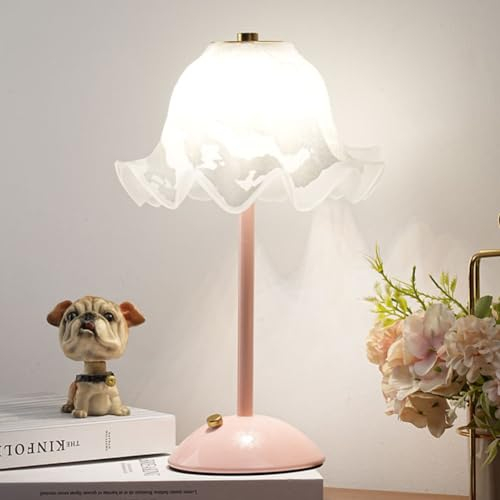 Starnearby Rosa Tischlampe Blume LED Tischlampe Kabellos Tischlampe Vintage Flower Lampe Akku Tischleuchte mit 3 Helligkeitsmodi Glas Dimmbare Nachttischlampe für Schlafzimmer, Wohnzimmer, Büro