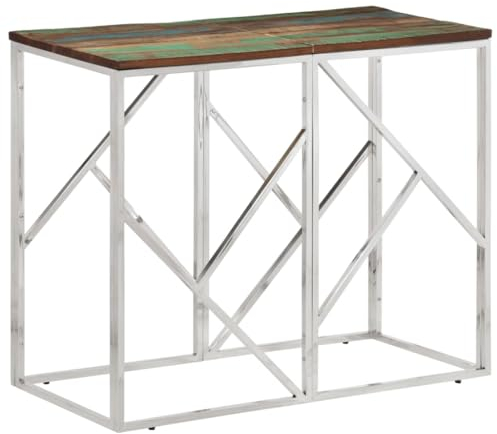 vidaXL Konsolentisch, Konsole Beistelltisch Pflegeleicht, Wandtisch für Wohnzimmer Flur, Flurtisch Tisch, Modern, Silbern Edelstahl Altholz Massiv