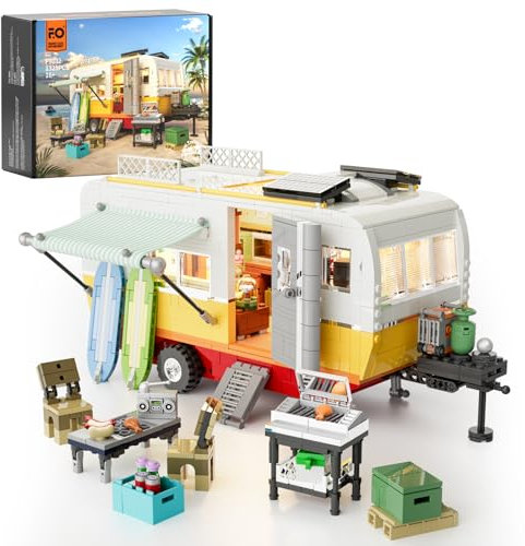 FUNWHOLE Roulotte da Viaggio Set di Costruzione con Luci LED - Camper Classico per Spiaggia 1325 Pezzi Kit di Veicoli per Adulti e Adolescenti