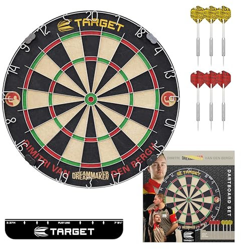 Target Darts Dimitri Van den Bergh Dartboard Set | Spieler-Edition Dartboard-Set mit 2 Sets Steel-Dart-Dartspitzen, Wurf-Linie nach Wettkampfstandard | Professionelle Darts & Dartboards