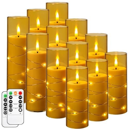 Da by LED-Kerzenlicht, Batteriekerze mit versenkter Lichterkette, 12 flammenlose Kerzen mit 11-Tasten-Fernbedienung, 24-Stunden-Timer-Funktion, Champagnerfarbe