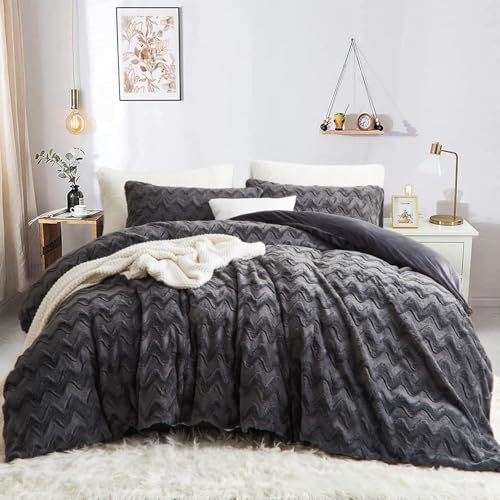 Freyamy Peluche Housse de Couette 220x240+2 Taie d'oreiller 65x65cm Gris Shaggy Furry Faux Fur Parure de lit 2 Personnes Adulte Flanelle Fuzzy Linge de lit avec Fermeture Éclair Hiver Chaude