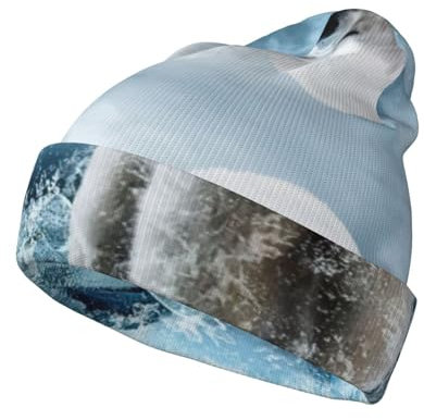 Coole Strickmütze mit weißem Eisbär-Druck, warme Wintermütze für Damen und Herren, weiche Bündchen, Unisex, Schwarz , Einheitsgröße