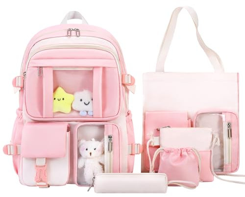 Horhorrear Kawaii Sac à dos 5 en 1 pour écolière Asthetic Sac à dos Plusieurs poches, Rose, taille unique